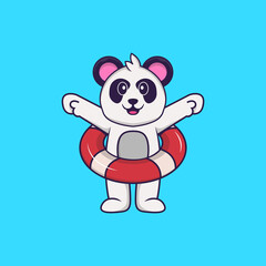 Cute Panda using a float. Animal cartoon concept isolated. Can used for t-shirt, greeting card, invitation card or mascot. Flat Cartoon Style