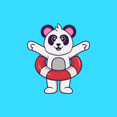 Cute Panda using a float. Animal cartoon concept isolated. Can used for t-shirt, greeting card, invitation card or mascot. Flat Cartoon Style