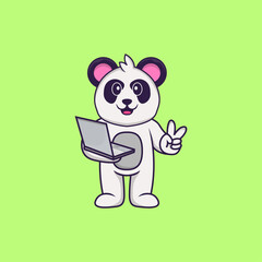 Cute Panda holding laptop. Animal cartoon concept isolated. Can used for t-shirt, greeting card, invitation card or mascot. Flat Cartoon Style