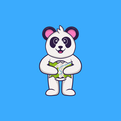 Cute Panda holding a map. Animal cartoon concept isolated. Can used for t-shirt, greeting card, invitation card or mascot. Flat Cartoon Style