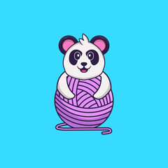 Cute Panda playing with wool yarn. Animal cartoon concept isolated. Can used for t-shirt, greeting card, invitation card or mascot. Flat Cartoon Style