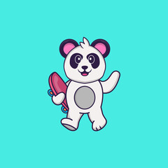 Cute Panda holding a skateboard. Animal cartoon concept isolated. Can used for t-shirt, greeting card, invitation card or mascot. Flat Cartoon Style