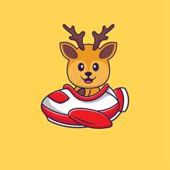 Cute deer flying on a plane. Animal cartoon concept isolated. Can used for t-shirt, greeting card, invitation card or mascot. Flat Cartoon Style