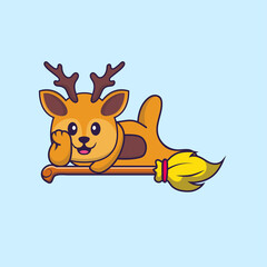 Cute deer lying on Magic Broom. Animal cartoon concept isolated. Can used for t-shirt, greeting card, invitation card or mascot. Flat Cartoon Style