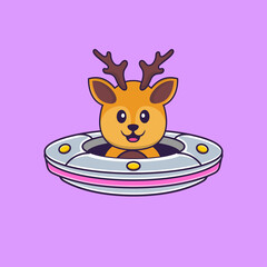 Cute deer Driving Spaceship Ufo. Animal cartoon concept isolated. Can used for t-shirt, greeting card, invitation card or mascot. Flat Cartoon Style