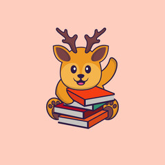 Cute deer reading a book. Animal cartoon concept isolated. Can used for t-shirt, greeting card, invitation card or mascot. flat cartoon style