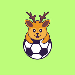 Cute deer playing soccer. Animal cartoon concept isolated. Can used for t-shirt, greeting card, invitation card or mascot. Flat Cartoon Style