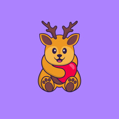 Cute deer holding a big red heart. Animal cartoon concept isolated. Can used for t-shirt, greeting card, invitation card or mascot. Flat Cartoon Style