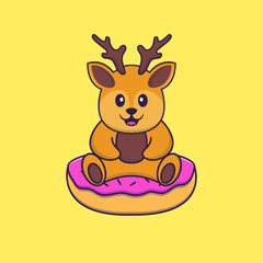 Cute deer is sitting on donuts. Animal cartoon concept isolated. Can used for t-shirt, greeting card, invitation card or mascot. Flat Cartoon Style