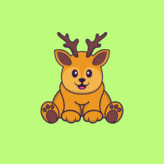 Cute deer is sitting. Animal cartoon concept isolated. Can used for t-shirt, greeting card, invitation card or mascot. Flat Cartoon Style