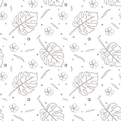 Rainforest Plants Seamless Pattern Line Art. Hand drawn tropical floral ornament for background, backdrop, wallpaper, wrapping paper, package, web, spa and beauty care products, fabric, textile