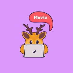 Cute deer is watching a movie. Animal cartoon concept isolated. Can used for t-shirt, greeting card, invitation card or mascot. Flat Cartoon Style