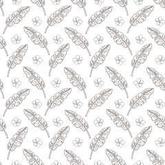 Line Drawing Jungle Seamless Pattern. Hand drawn exotic flowers and leaves ornament for background, backdrop, wallpaper, wrapping paper, package, web, spa and beauty care products, fabric, textile