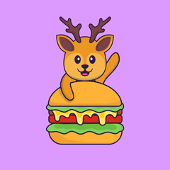 Cute deer eating burger. Animal cartoon concept isolated. Can used for t-shirt, greeting card, invitation card or mascot. Flat Cartoon Style