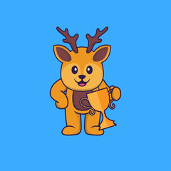 Cute deer holding gold trophy. Animal cartoon concept isolated. Can used for t-shirt, greeting card, invitation card or mascot. Flat Cartoon Style