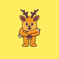 Cute deer holding a pencil. Animal cartoon concept isolated. Can used for t-shirt, greeting card, invitation card or mascot. Flat Cartoon Style