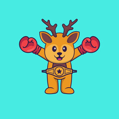 Cute deer in boxer costume with champion belt. Animal cartoon concept isolated. Can used for t-shirt, greeting card, invitation card or mascot. Flat Cartoon Style