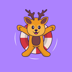 Cute deer is Swimming with a buoy. Animal cartoon concept isolated. Can used for t-shirt, greeting card, invitation card or mascot. Flat Cartoon Style