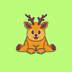 Cute deer is sitting. Animal cartoon concept isolated. Can used for t-shirt, greeting card, invitation card or mascot. Flat Cartoon Style