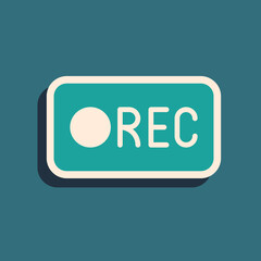 Green Record button icon isolated on green background. Rec button. Long shadow style. Vector