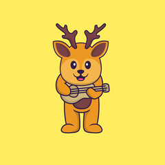 Cute deer playing guitar. Animal cartoon concept isolated. Can used for t-shirt, greeting card, invitation card or mascot. Flat Cartoon Style