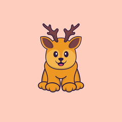 Cute deer is sitting. Animal cartoon concept isolated. Can used for t-shirt, greeting card, invitation card or mascot. Flat Cartoon Style