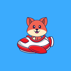 Cute fox flying on a plane. Animal cartoon concept isolated. Can used for t-shirt, greeting card, invitation card or mascot. Flat Cartoon Style