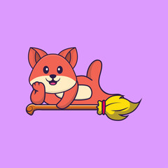 Cute fox lying on Magic Broom. Animal cartoon concept isolated. Can used for t-shirt, greeting card, invitation card or mascot. Flat Cartoon Style