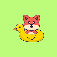 Cute fox With Duck buoy. Animal cartoon concept isolated. Can used for t-shirt, greeting card, invitation card or mascot. Flat Cartoon Style