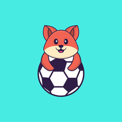 Cute fox playing soccer. Animal cartoon concept isolated. Can used for t-shirt, greeting card, invitation card or mascot. Flat Cartoon Style