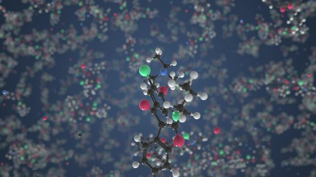 Molecule of Amiodarone. Molecular model, conceptual looping 3d animation