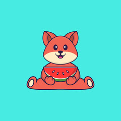Cute fox eating watermelon. Animal cartoon concept isolated. Can used for t-shirt, greeting card, invitation card or mascot. Flat Cartoon Style