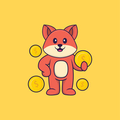 Cute fox holding coin. Animal cartoon concept isolated. Can used for t-shirt, greeting card, invitation card or mascot. Flat Cartoon Style
