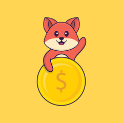 Cute fox holding coin. Animal cartoon concept isolated. Can used for t-shirt, greeting card, invitation card or mascot. Flat Cartoon Style