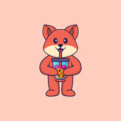 Cute fox Drinking Boba milk tea. Animal cartoon concept isolated. Can used for t-shirt, greeting card, invitation card or mascot. Flat Cartoon Style