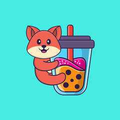 Cute fox Drinking Boba milk tea. Animal cartoon concept isolated. Can used for t-shirt, greeting card, invitation card or mascot. Flat Cartoon Style