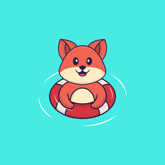 Cute fox is Swimming with a buoy. Animal cartoon concept isolated. Can used for t-shirt, greeting card, invitation card or mascot. Flat Cartoon Style