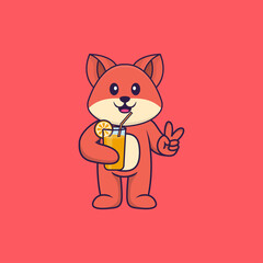 Cute fox holding orange juice in glass. Animal cartoon concept isolated. Can used for t-shirt, greeting card, invitation card or mascot. Flat Cartoon Style