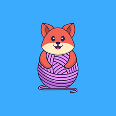 Cute fox playing with wool yarn. Animal cartoon concept isolated. Can used for t-shirt, greeting card, invitation card or mascot. Flat Cartoon Style