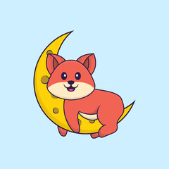 Cute fox is on the moon. Animal cartoon concept isolated. Can used for t-shirt, greeting card, invitation card or mascot. Flat Cartoon Style
