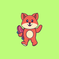 Cute fox holding a skateboard. Animal cartoon concept isolated. Can used for t-shirt, greeting card, invitation card or mascot. Flat Cartoon Style