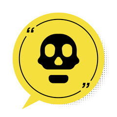 Black Skull icon isolated on white background. Happy Halloween party. Yellow speech bubble symbol. Vector