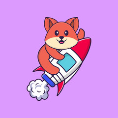 Cute fox flying on rocket. Animal cartoon concept isolated. Can used for t-shirt, greeting card, invitation card or mascot. Flat Cartoon Style