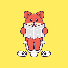 Cute fox Pooping On Toilet and read newspaper. Animal cartoon concept isolated. Can used for t-shirt, greeting card, invitation card or mascot. Flat Cartoon Style