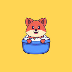 Cute fox taking a bath in the bathtub. Animal cartoon concept isolated. Can used for t-shirt, greeting card, invitation card or mascot. Flat Cartoon Style