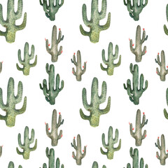 Watercolor pattern on a white background from cacti with flowers of a peach blossom. Seamless design for background, fabric, paper, etc.