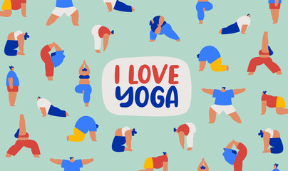 I love yoga cartoon people pose poster concept