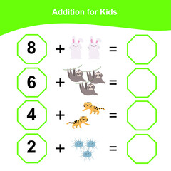 Fototapeta premium Counting game for preschool children. This worksheet is good for children to matching the images with the numbers. Educational printable math worksheet. Additional math games for kids.