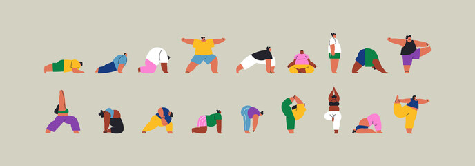 Young people yoga pose cartoon set isolated