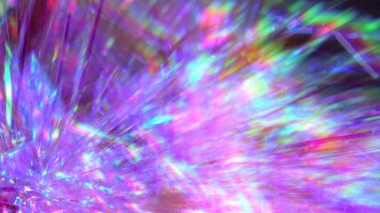 Blurred holographic holiday lights. Neon pink blue purple silver prism lights bokeh. Festive background for party. Real rainbow lights leaks